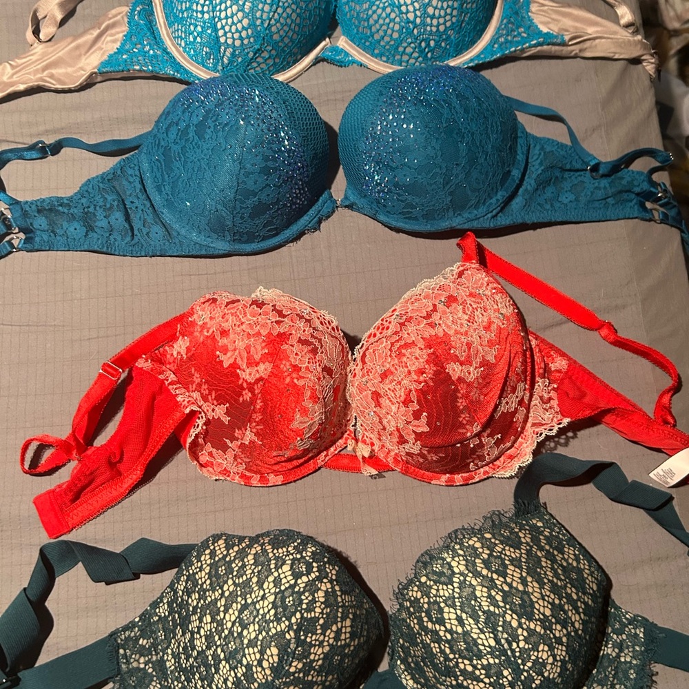 Victoria's Secret Teal, Red & Navy Lace Push-Up Bra Set